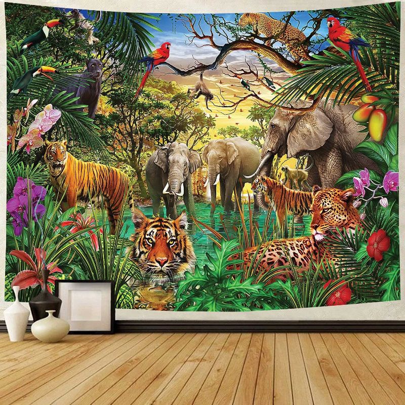 Photo 1 of 






 Forest Animals Tapestry Elephant Tiger Leopard Black Panther Macaw Tapestry African Animals Wall Hanging Tropical Palm Leaves Lily Tapestries for Jungle Party Decor 92.5×70.9 Inches
--



