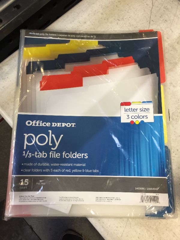 Photo 2 of Office Depot Brand Top Tab Poly File Folders, Letter Size, Clear with Assorted Color Tabs, Box of 15
