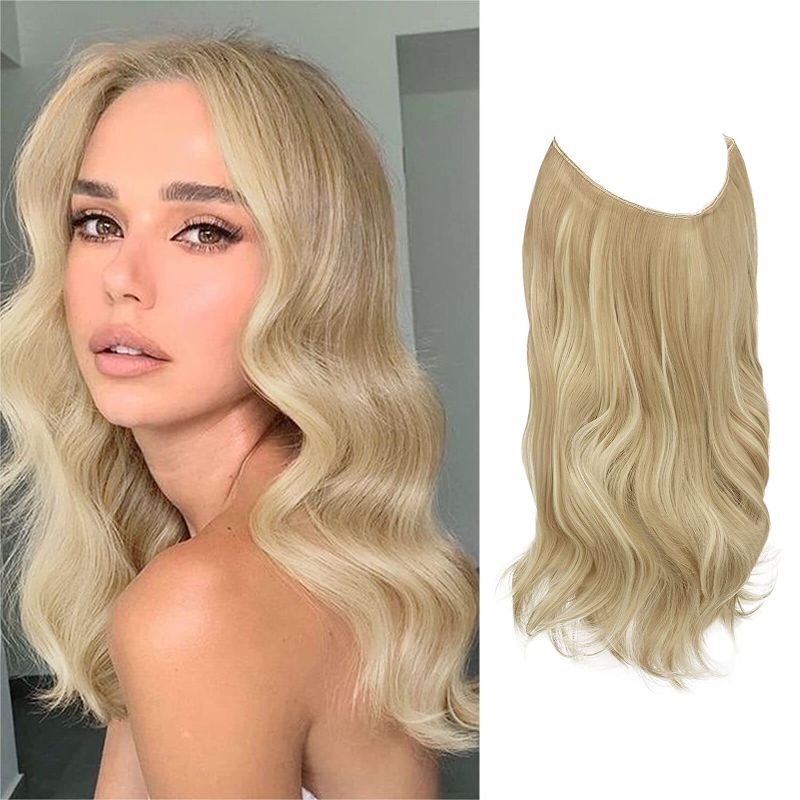 Photo 1 of BARSDAR Curly Wire Hair Extensions 14Inch Synthetic Hairpiece Invisible Wire Hair Extensions with Secure Clips Adjustable Size Light Ash Brown & Bleach Blonde Hair - Easy to Use & Natural Looking
