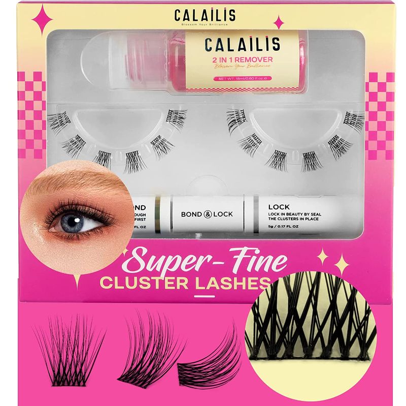 Photo 1 of DIY Eyelash Extension,CALAILIS Individual Cluster Lashes Kit,Natural Look Glue Bonded Black Super Thin Band With 12 Individual Eyelashes,Applicator,Eyelash Glue Remover and Bond & Seal(A03-14mm)
