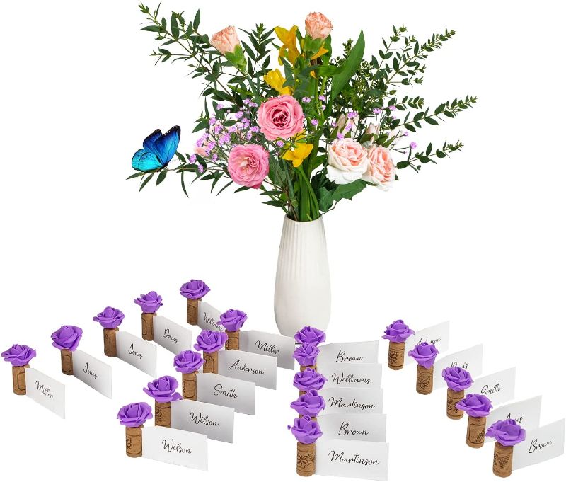Photo 1 of 20 Pcs Wine Cork Place Card Holders,Wood Table Number Holders with White Place Card and Purple Foam Rose,Vineyard Wedding Anniversary Party Table Number Name Sign Rustic Wine Corks décor
