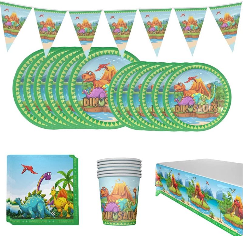 Photo 1 of AGAINZHQ Dinosaur Themed Birthday Party Supplies, 12 Guests Jungle Dinosaur Birthday Tableware Set, Includes Dessert Plates Paper Cups Napkins Tablecloth for Boys Kids Birthday Baby Shower Decorations
