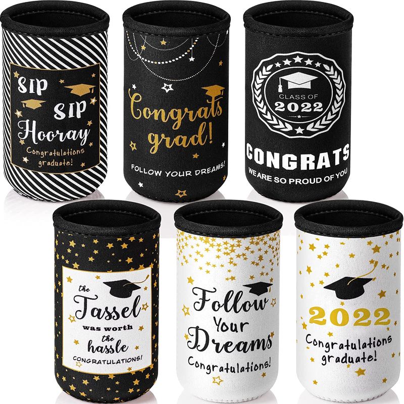 Photo 1 of 6 Pieces Graduation Slim Can Cooler Sleeves Nurses' Day Graduation Funny Can Covers Insulators Can Sleeves for 12 Oz Skinny Tall Can, Soda, Can Beverage Graduation Party Supplies (Star and Hat)
