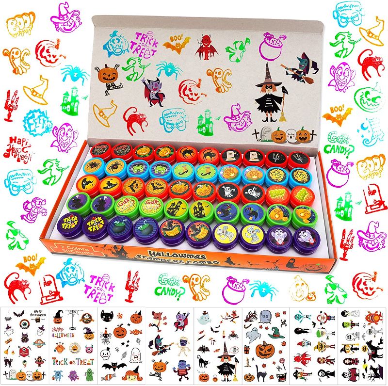 Photo 1 of 50pcs Halloween Stamps +120pcs Halloween Tattoos for Kids Halloween Party Favors Bags Fillers, Halloween Self Inking Stamps Temporary Tattoos for Kids Halloween Crafting Printing DIY Scrapbooking
