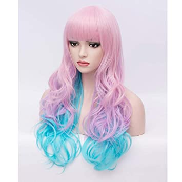 Photo 1 of BERON 26" Women Girls Multi-Color Long Wavy Rainbow Wig with Bangs Pink Blue Mixed
