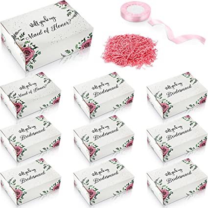 Photo 2 of 10 Pcs Bridesmaid Proposal Box with Pink Ribbon and Shredded Paper, 2 Maid of Honor Box and 8 Will You Be My Bridesmaid Boxes for Proposal, Floral Bridesmaid Present, Wedding Favor

