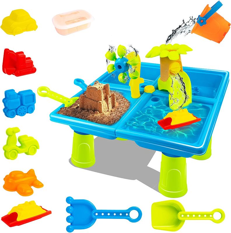 Photo 1 of COVTOY Water Table for Toddlers 3 4 5, Sand and Water Table with Beach Toys and Sandbox, Toddler Outdoor Toys Age 3-6 Boys Girls, 17.5 "x 17.5" x 15.5"?
