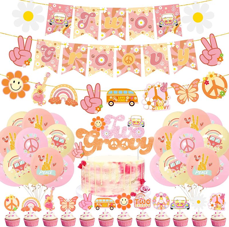 Photo 1 of 52pcs Two Groovy Party Decoration Two groovy Retro Hippie Banner Cake Cupcake Toppers Balloons for Girls 2nd Birthday Party Decoration Boho Party Supplies
