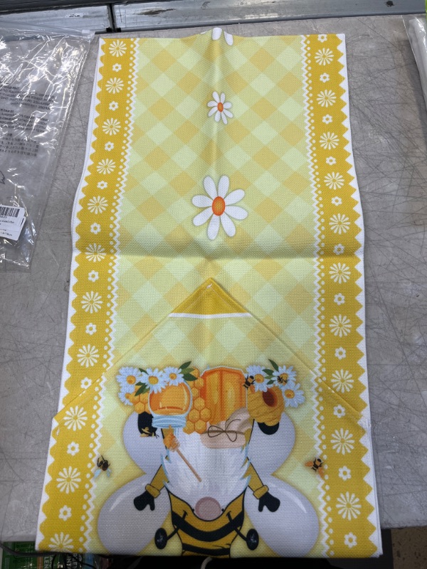 Photo 2 of ALAGEO Gnome Table Runner Bumble Bee Gnomes Dresser Scarves Flower Daisy Yellow Plaid Decorative Runners for Holiday Gatherings, Dinner,Outdoor or Indoor Parties, Machine Washable 13x70 inch
