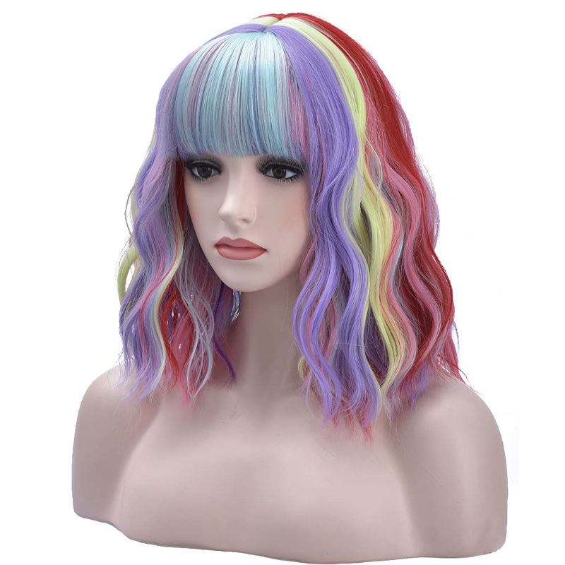 Photo 1 of BERON 14 Inches Rainbow Wig Short Curly Wig with Bangs Synthetic Wigs Women Girls Colorful Wigs with Wig Cap
