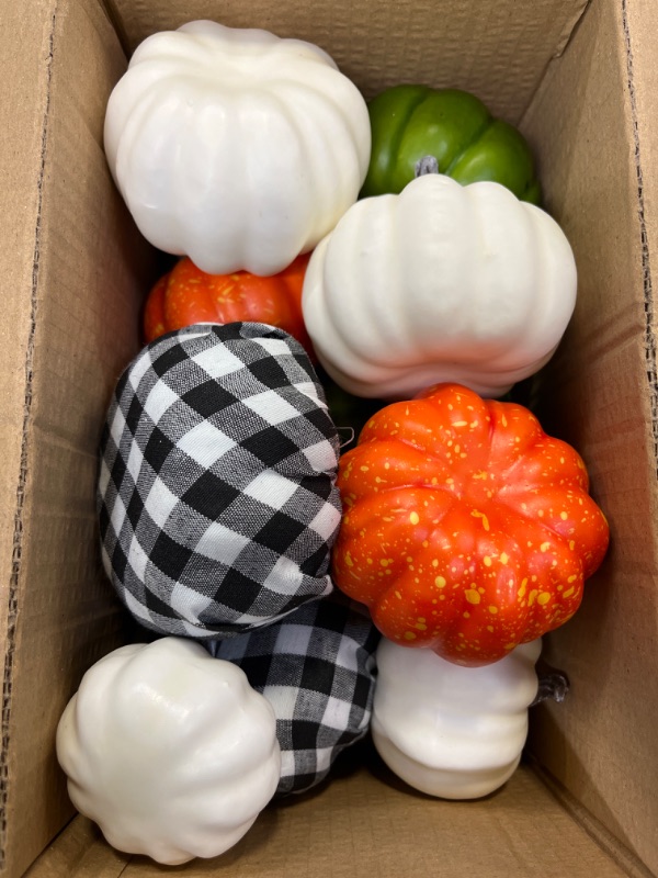 Photo 2 of 12 pcs Artificial Pumpkins Decor Assorted Color Fake Pumpkins for Table Thanksgiving Halloween Fall Decoration
