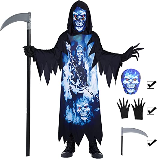 Photo 1 of Grim Reaper Costume For Kids,Phantom of the Darkness,Spooky Black Robe with Scythe,Gloves,Printed Mask, Size XS (3/4)
