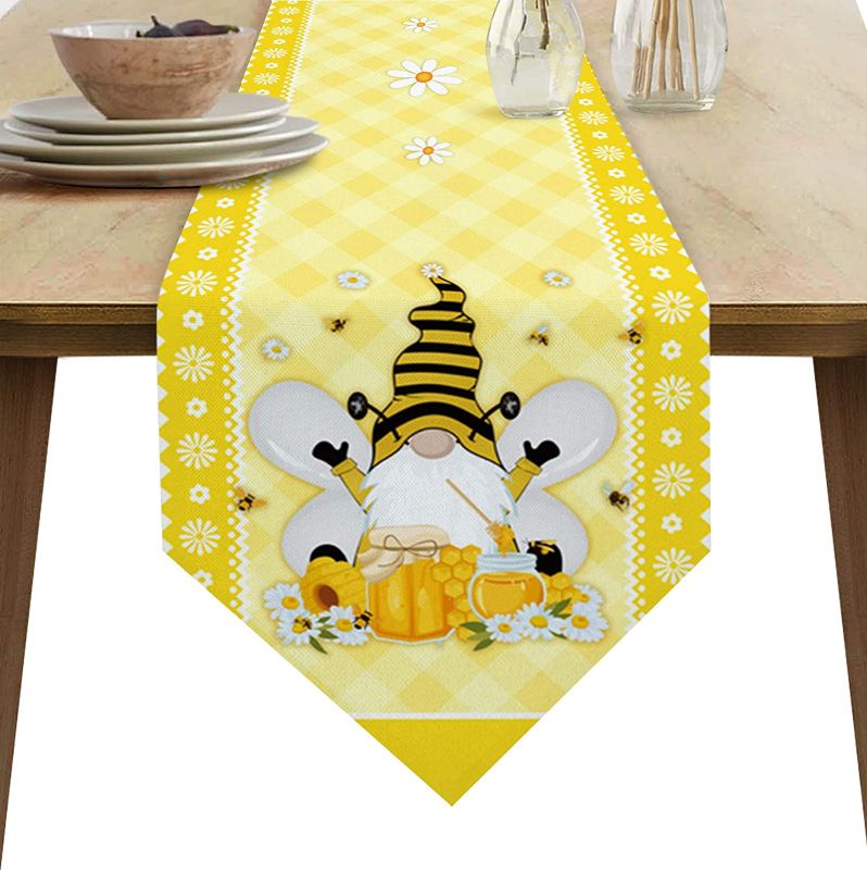 Photo 1 of ALAGEO Gnome Table Runner Bumble Bee Gnomes Dresser Scarves Flower Daisy Yellow Plaid Decorative Runners for Holiday Gatherings, Dinner,Outdoor or Indoor Parties, Machine Washable 13x70 inch
