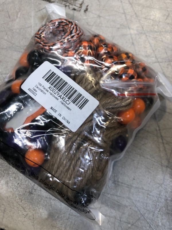 Photo 1 of 169 Pieces Halloween Wooden Beads Set 16 mm Plaid Wood Beads Natural Round Handmade Craft Beads, Tassels, Colored Thread, Wood Hanging Pendants for DIY Crafts Garland Home Halloween Decoration
