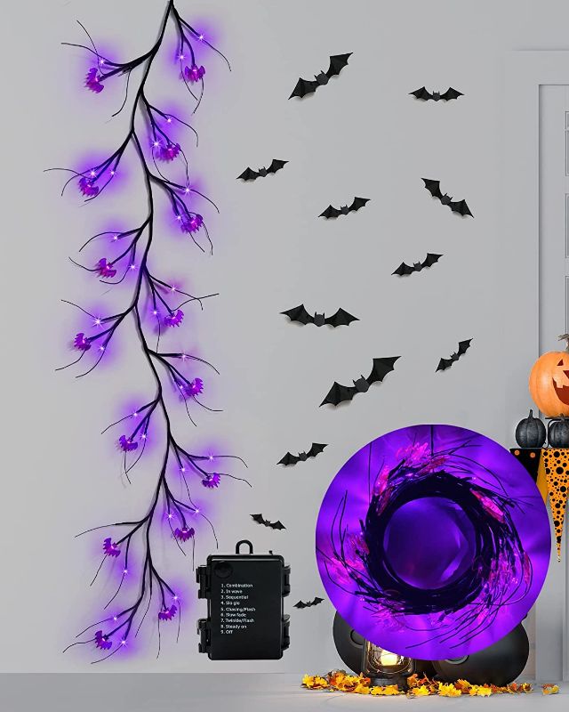 Photo 1 of Halloween Decorations Indoor, Purple Lights 45 LED 8 Modes Battery Operated, Bat Garland with Timer for Mantle Wall Decor Party Willow Vine Twig Waterproof Bedroom
