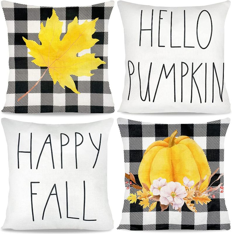 Photo 1 of Black White Buffalo Plaid 18x18 Set of 4 Fall Pillow Covers for Autumn Farmhouse Decor Pumpkin Print Sofa Couch Throw Pillow Case for Thanksgiving Decorations
