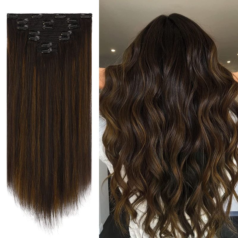 Photo 1 of FESHFEN Clip in Human Hair Extensions Real Human Hair Extension 7 PCS Natural Silky Balayage Natural Black Mixed Chestnut Brown Straight Long Remy Hair Extensions for Women, 22 inch 130g
