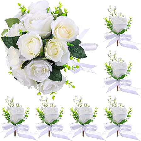 Photo 1 of Artificial Roses Flowers 18 Heads Arrangement Silk Bouquet for Home Office Parties Bridal and Wedding Decoration with 6Pcs Boutonniere Buttonholes and Wrist Corsage Wristband Roses Wrist Corsage
