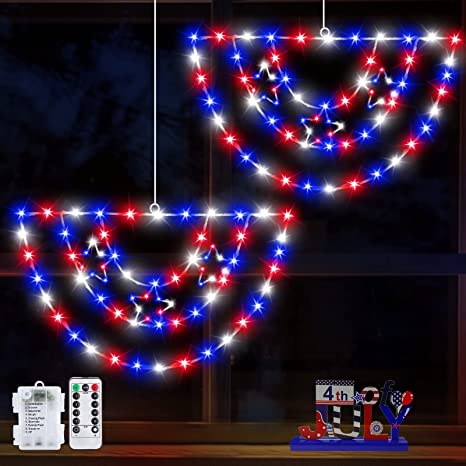 Photo 1 of [ Timer & 8 Modes ] 2 Pack 16 Inch Pleated Fan Flag Red White Blue Window Lights 4th of July Decor Remote Battery Operated Total 120 LED Patriotic, National Independence Day Home Indoor Decorations
