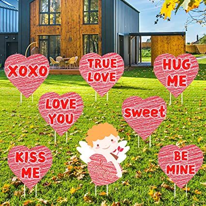 Photo 1 of 8 Packs Waterproof Red Heart Valentines Day/Happy Anniversary/True Love Themed Letter Yard Sign with Stakes,Valentines Day Wedding Anniversary Party Decorations for Outdoor Lawn
