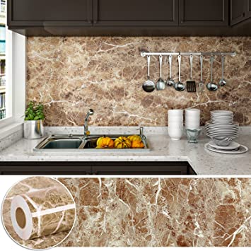 Photo 1 of 17.7"×236" Marble Contact Paper for Countertops Waterproof Self Adhesive Removable Glossy Marble Paper Brown Peel and Stick Wallpaper for Kitchen Cabinet Countertop Furniture Vinyl Film
