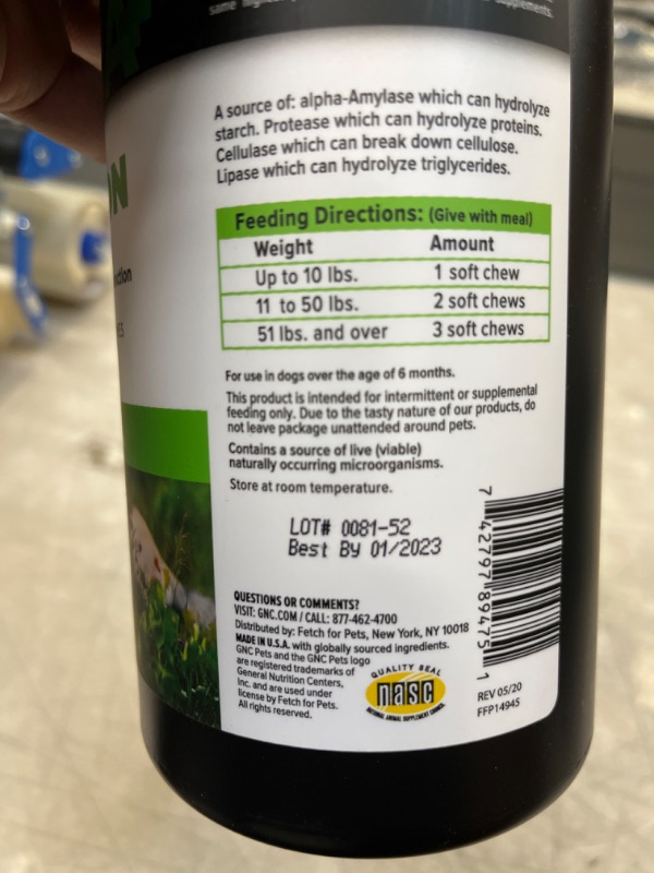 Photo 2 of GNC Pets OMEGA Dog Supplements-Dog Vitamins and Supplements, Pet Supplements for Dog Health and Support-Chicken Flavored Dog Soft Chews-Dog Chews for Calming, Joint health, and More-Made in the USA 240 Count Digestion
EXP 01.2023