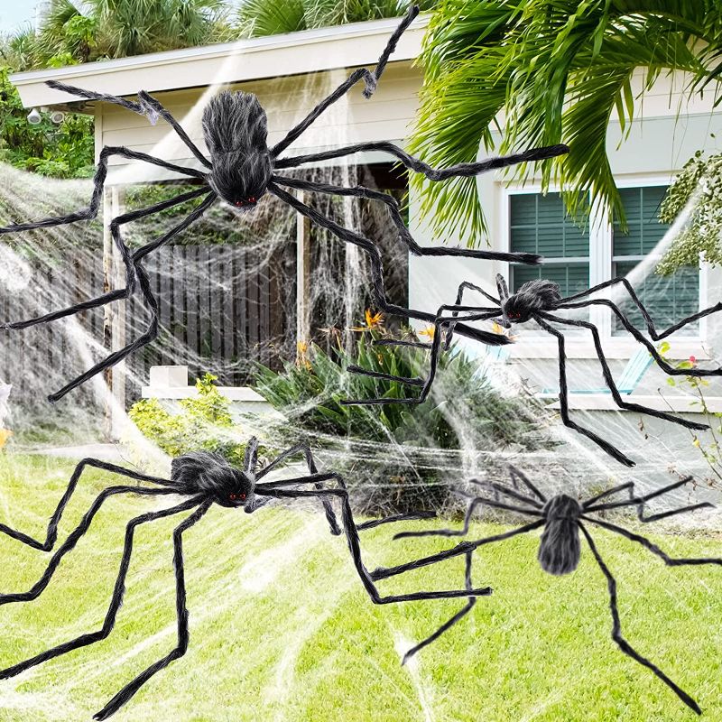 Photo 1 of 4 Pcs Halloween Giant Spider Decorations Realistic Large Scary Spider Fake Hairy Halloween Spiders Props with Red Mouth Bendable Legs for Indoor Outdoor Haunted Party, 2.9 Ft, 2.4 Ft, 1.9 Ft, 1.6 Ft
