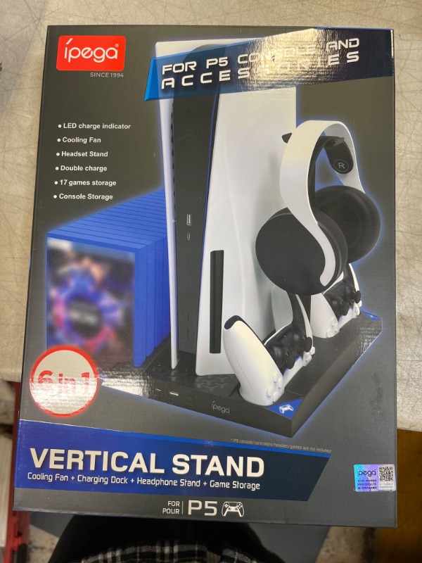 Photo 2 of PS5 Stand with Cooling Fan and Dual Controller Charger Station for Playstation 5 PS5 Console, Cooler Fan with Charging Dock Station and 17 Games Storage
