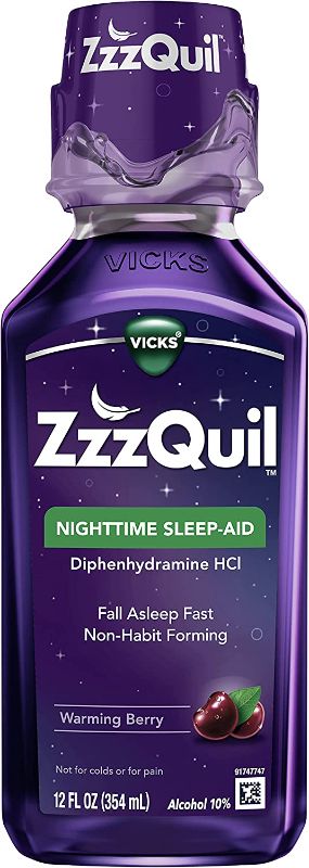 Photo 1 of ZzzQuil, Nighttime Sleep Aid Liquid, 50 mg Diphenhydramine HCl, No.1 Sleep-Aid Brand, Warming Berry Flavor, Non-Habit Forming, 12 FL OZ
