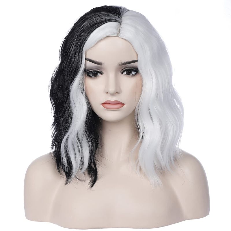 Photo 1 of incohair 14 Inches Black and White Wigs Side Part Short Curly Wavy Bob Wigs for Women Girl (Black and White)
