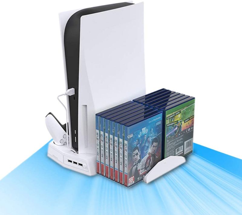 Photo 1 of Vertical Stand for Playstation 5 with Cooling Fan Charging Station for PS5 Digital/CD-ROM Edition Console with 14 Game Storage Organizer 3 USB Port for PS5 and DualSense (White)