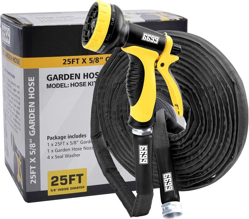 Photo 1 of 6699 Garden Hose 5/8 inch Dia. 25FT with 10 Function Water Nozzle Heavy Duty for Household Watering Soaker Pipe Set Lightweight Kink Free Kit 5825