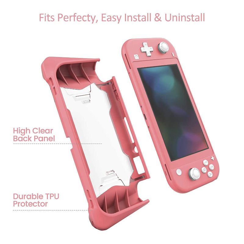 Photo 2 of Letobee Protective Case for Nintendo Switch Lite, 2022 UPGRADED Latest Ergonomic Design Comfortable Grip with 2 Pack Thumb Grip Cap & HD Screen Protector SET Rose CORAL COLOR 