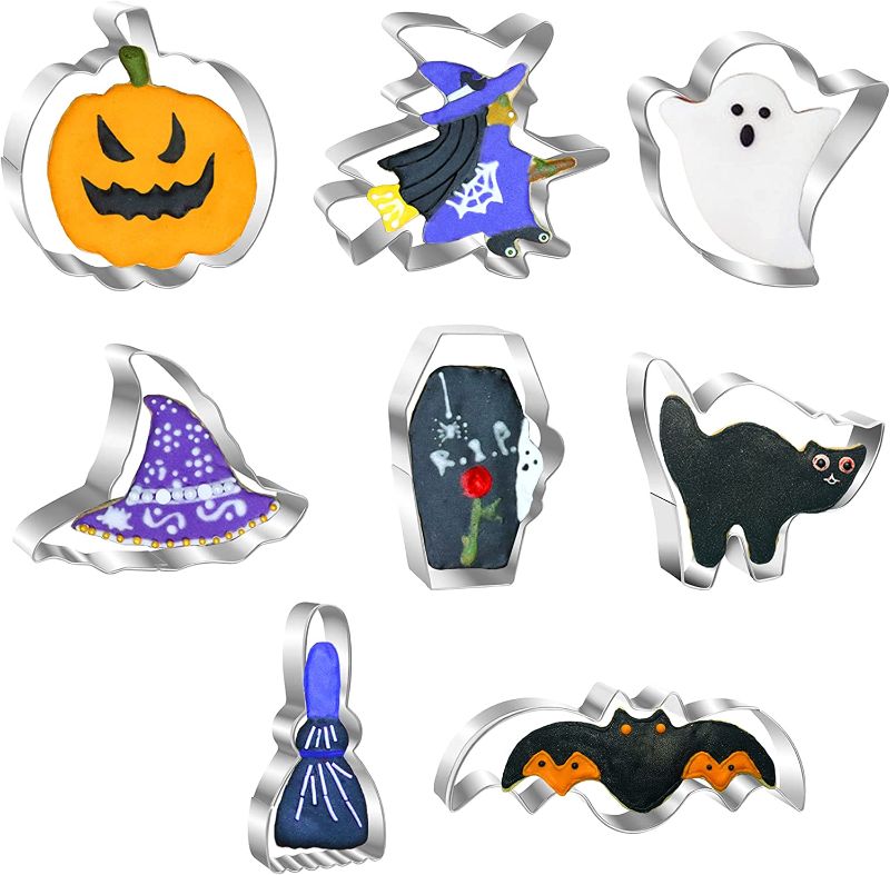 Photo 1 of 8Pcs Large Halloween Cookie Cutters Set, Stainless Steel Biscuit Cutters - Pumpkin, Bat, Ghost, Witch, Witch Hat, Broom, Cat, Coffin Shaped Metal Molds for Halloween