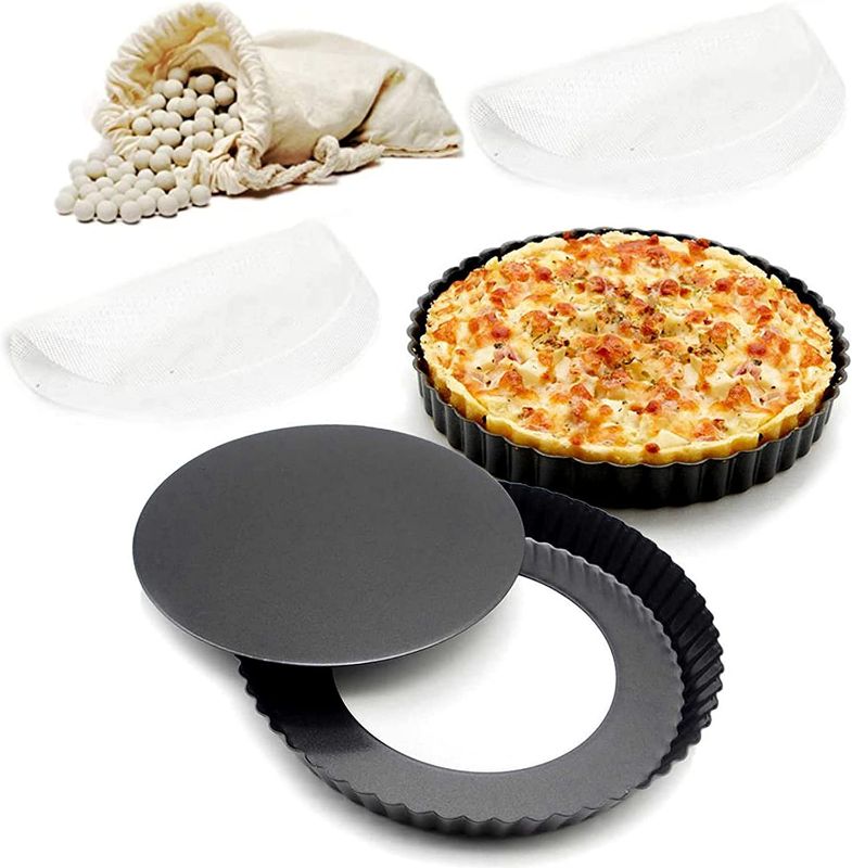 Photo 1 of 5 Pieces Tart Pan Set, by Vallenwood: 2 Removable Bottom, 9 Inch, Non-Stick Tart And Quiche Pan, Ceramic Pie Weights And 2 Silicone Steamer paper like a gift. Loose Bottom Baking Pie.