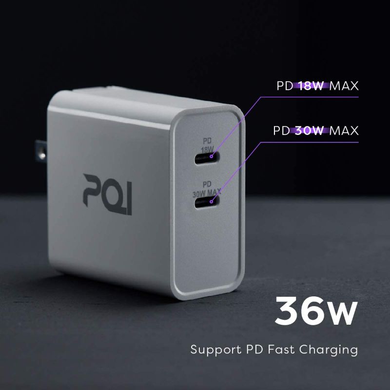 Photo 2 of PQI 36W USB C Wall Charger | 36 Watt Type C Dual Ports Adapter Plug | Supports PD 3.0 Fast Charging | Compact & Portable USB C Charger Block | Compatible with Apple iPhone 12 Pro Max & More | White