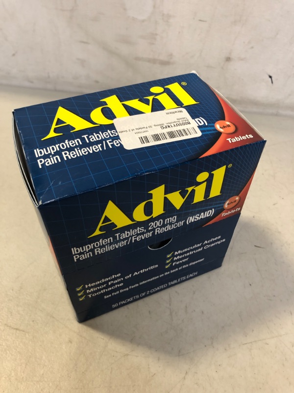 Photo 2 of Advil Pain Relief,Tablet,200mg 50 PACKETS OF 2 COATED TABLETS EACH ****expired 07/22 !!!