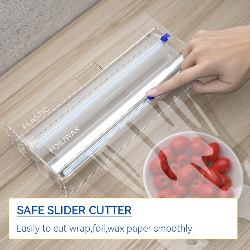 Photo 3 of 2 in 1 Foil and Plastic Wrap Organizer, Cling Wrap Dispenser with Cutter, Big Clear Acrylic Tin Foil Rolls Dispenser Holder for Kitchen Drawer, Cabinet, Wrap Aluminum Foil Organization and Storage