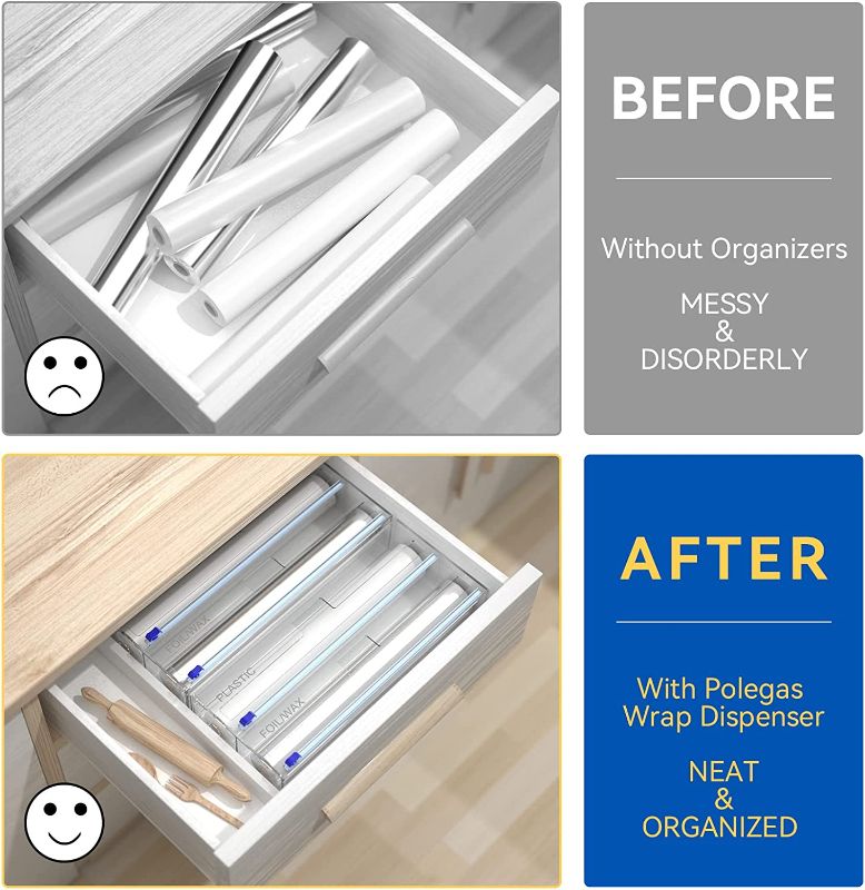 Photo 2 of 2 in 1 Foil and Plastic Wrap Organizer, Cling Wrap Dispenser with Cutter, Big Clear Acrylic Tin Foil Rolls Dispenser Holder for Kitchen Drawer, Cabinet, Wrap Aluminum Foil Organization and Storage