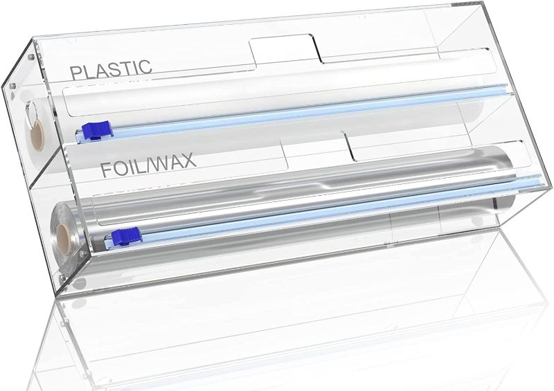 Photo 1 of 2 in 1 Foil and Plastic Wrap Organizer, Cling Wrap Dispenser with Cutter, Big Clear Acrylic Tin Foil Rolls Dispenser Holder for Kitchen Drawer, Cabinet, Wrap Aluminum Foil Organization and Storage