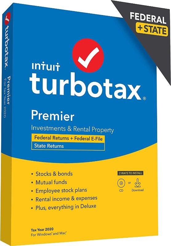 Photo 1 of 2 COUNT [Old Version] TurboTax Premier 2020 Desktop Tax Software, Federal and State Returns + Federal E-file [Amazon Exclusive] [PC/Mac Disc]