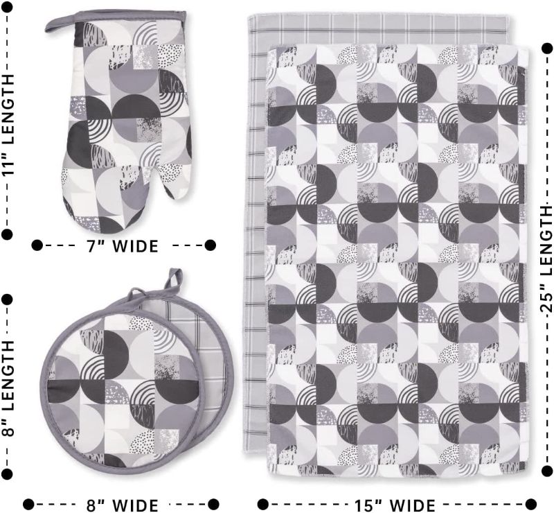 Photo 2 of 6 Pack Kitchen Set | 2 Oven Mitts and 2 Round Pot Holders of Quilted Lining with Cotton Wadding - 2 Dish Towels for Drying Dishes | Perfect for Gifting, Baking and Everyday Cooking (BA & GC)