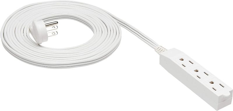 Photo 1 of Amazon Basics 15-Foot 3-Prong Flat Plug Grounded Indoor Extension Cord with 3 Outlets - 13 Amps, 1625 Watts, 125 VAC, White