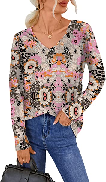 Photo 1 of Arkniok Womens Long Sleeve Tunic Tops Casual Print T-Shirts V Neck Loose Fit Dressy Blouses  SIZE SMALL 