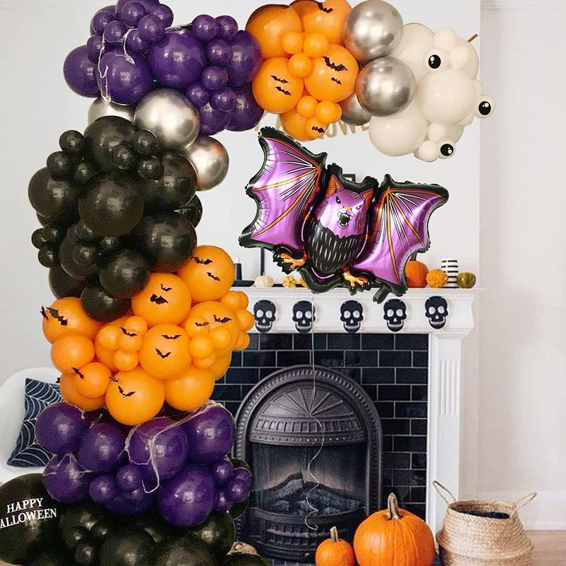 Photo 1 of 175Pcs Halloween Balloons Arch Kit with Orange Black Amaranth Khaki Sliver Purple Balloons Garland for Horrible Bat Theme Birthday or Spooky Party Decorations
