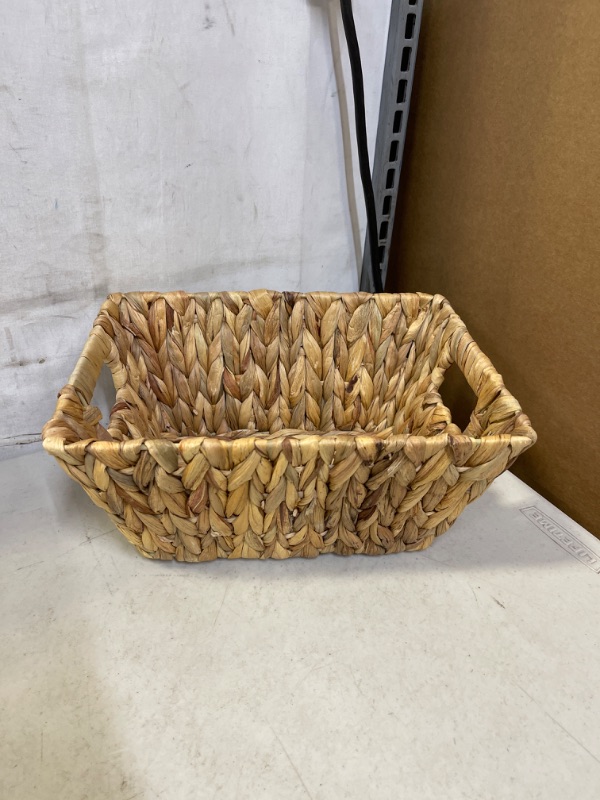 Photo 2 of 1 Piece Natural Water Hyacinth Storage Basket Bin with Wooden Handles Large Rectangular Wicker Box Unpainted and Unwaxed Large Capacity Home Organizer 12" x 9" x 5.5"
