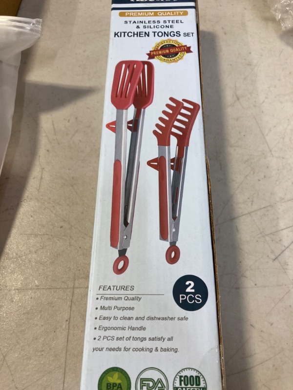 Photo 2 of 5in1 Stainless Steel Precision Kitchen Food Tweezers Salad Tongs for Cooking w/ Silicone Tips Non-Stick Clamp Clip Pasta Grip Serving Tools Utensil Set Grill BBQ Fruits Vegetables Spaghetti (Red)