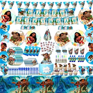Photo 1 of 182 Pcs Moana Birthday Party Supplies,Serve 10 Guests,with Banner,Hanging Swirls,Cake Topper,Cupcake Toppers, Balloons,Popcorn Box,Invitation Card,Gift Bag,Blowing Dragon,Tableclot,Stickers