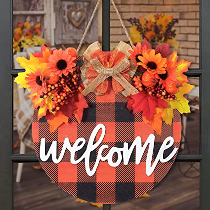 Photo 1 of  Fall Wreaths for Front Door, Fall Welcome Sign Wooden Hanging Door Sign with Maple Leaf and Pumpkin, Farmhouse Porch Decor,Harvest Autumn Thanksgiving Halloween Wall Decoration(Welcome)