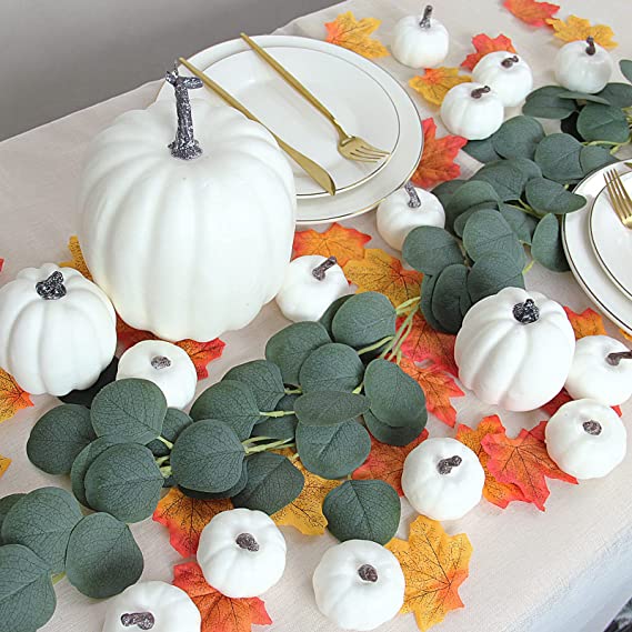 Photo 1 of 117PCS Fall Wedding Decor Artificial Pumpkins Decoration, 16PCS Faux Large White Fake Pumpkins + 6ft Faux Eucalyptus Leaves + 100Pcs Fake Maple Leaves for Wedding Halloween Thanksgiving Party